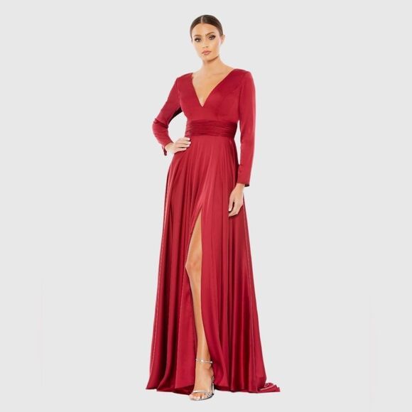 Ieena for Mac Duggal Red Long Sleeve Ruched Waist A-Line Gown Maxi Dress 10 NEW - Picture 6 of 13